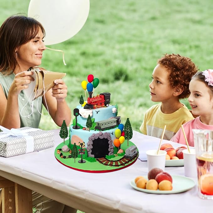 Hooqict 12Pcs Train Cake Topper Birthday Party Decorations Train Cake Decorations Set with Mini Railroad Track, Traffic Light, Railroad Crossing Sign Cake Toppers for Kids Boys Birthday Party Supplies