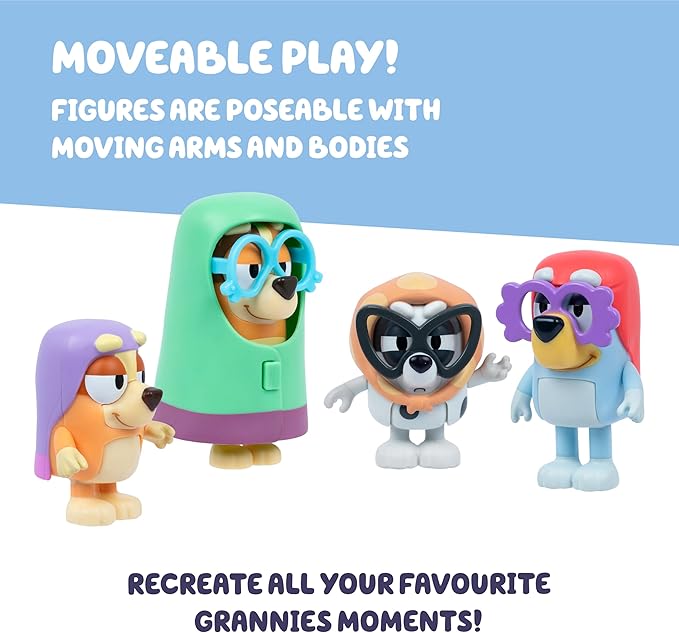 Bluey Figure 4-Pack Here Come The Grannies. 4 Episode-Themed Figures with Moving Arms & Accessories, 2.5-3" (6-7.6 cm) Poseable Toys for Kids. Recreate Moments from The Episode Grannies.