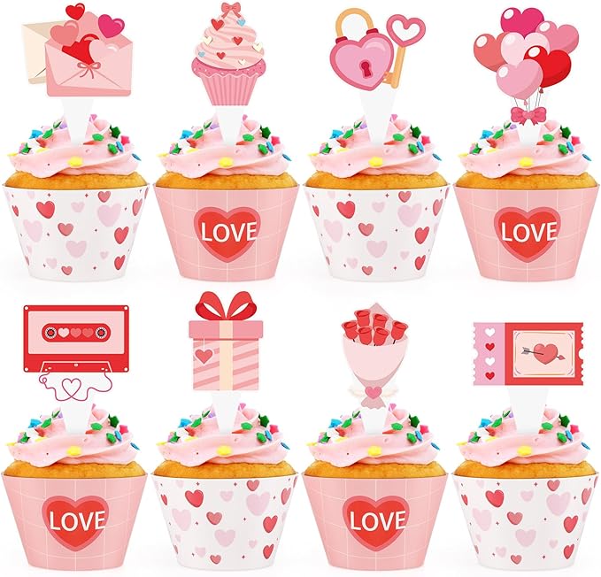 48 Pcs Valentines Cupcake Toppers and Heart Wrappers Love Cupcake Decorations for Valentine's Day Theme Wedding Birthday Party Supplies