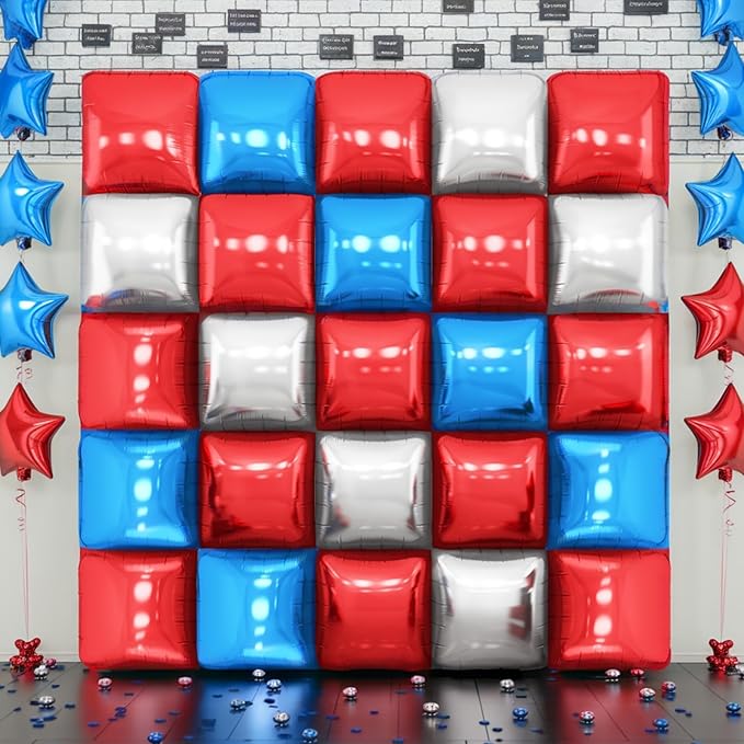 Red Blue Silver Square Foil Balloon Wall,25Pcs Double Sided Balloons Backdrop Helium Balloon Tunnel Arch Garland Kit for 4th of July Independence Patriotic Birthday Anniversary Usa Party Decorations