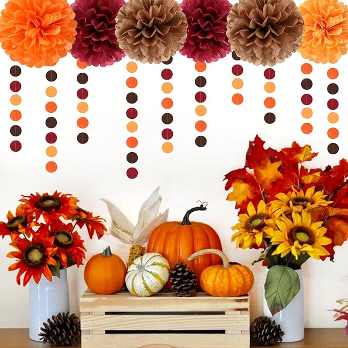 Boho Baby-Shower Burgundy-Brown Orange Party-Decorations - 23pcs Thanksgiving Fall Autumn Tissue Pom Poms Streamers,Neutral Birthday Rustic Wedding Bridal Engagement Tassel Garland Banner Ouruola