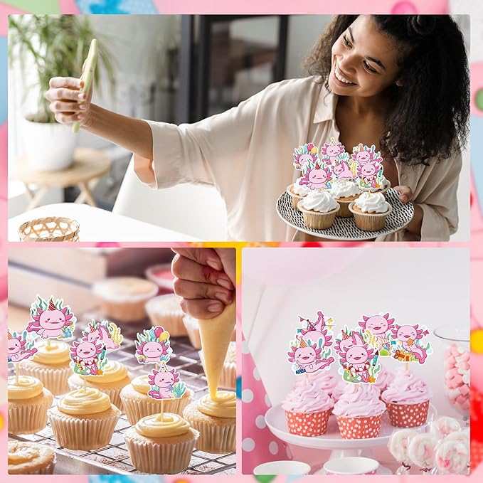 Axolotl Birthday Cupcake Toppers, 36PCS Cute Axolotl Birthday Decorations Supplies, Pink Salamander Baby Shower Cupcake Toppers Decor for Kids Girls