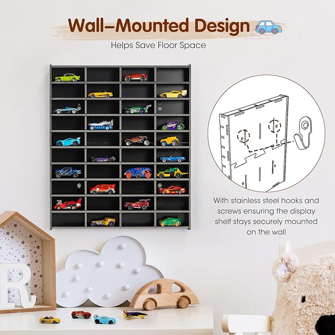 Toy Car Display Shelf, Holds 40 Diecast 1/64 Toy Cars, Wall Mount Model Car Storage Organize Case, Black