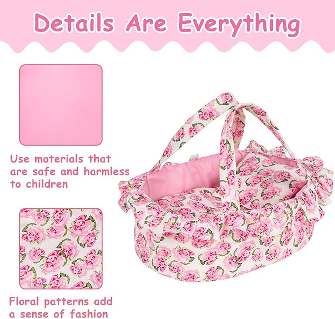 Doll Carry Cot Set, Soft 3PC Set Includes Cot, Mattress and Pillow, Pink Flower Doll Bassinet, Fits for 10-12 Inch American Girl Dolls