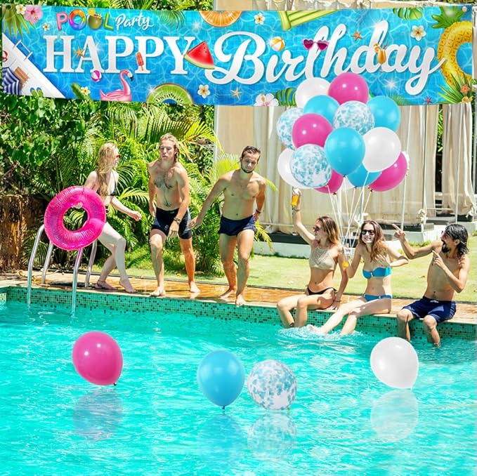 Pool Party Banner Decorations Colorful Happy Birthday Pool Banner Background Summer Themed Hawaiian Outdoor Party Decor with 30 Balloons Birthday Yard Decor Baby Shower Supplies - 9.8×1.9ft