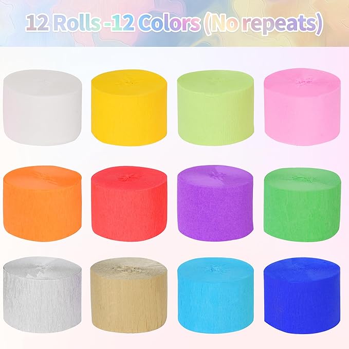 12 Rolls Crepe Paper Streamers - 12 Colors Rainbow Party Streamers for Birthday, Baby Shower, Wedding, Fiesta, Graduation, Christmas Decorations