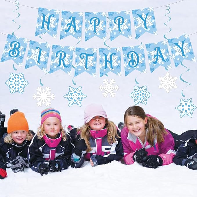Zwiebeco Blue White Snowflakes Happy Birthday Party Decoration Sign Banner Hanging Paper Swirls for Kids Girls Womens Adults Winter Wonderland Themed Accessories Supplies