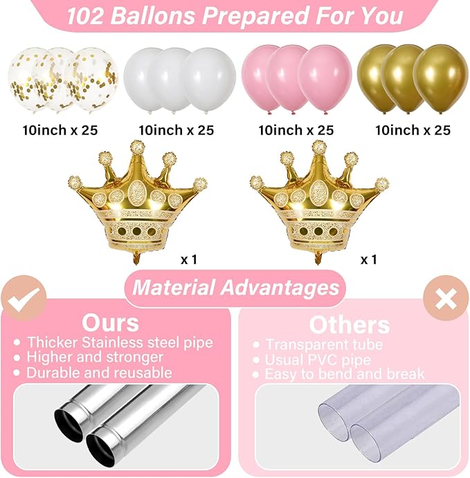 2 Sets Princess Party Balloon Column Stand Kit With 102 Crown Foil Balloons 5.57Ft Adjustable Balloon Tower Stand With Base Pink and Gold Arch Column for Girls Birthday Baby Shower Party Supplies