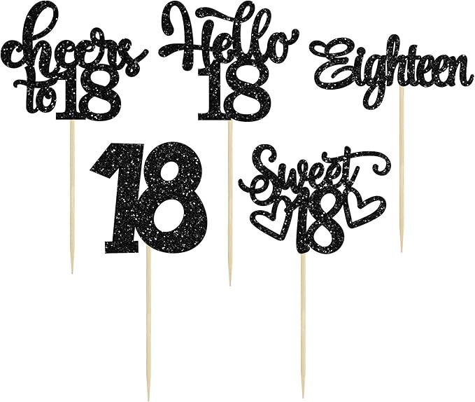 30Pcs18th Birthday Cupcake Toppers Eighteen Happy 18th Cupcake Picks Sweet 18 Cheers to 18 Cake Decorations for 18th Birthday Anniversary Party Supplies Black Glitter