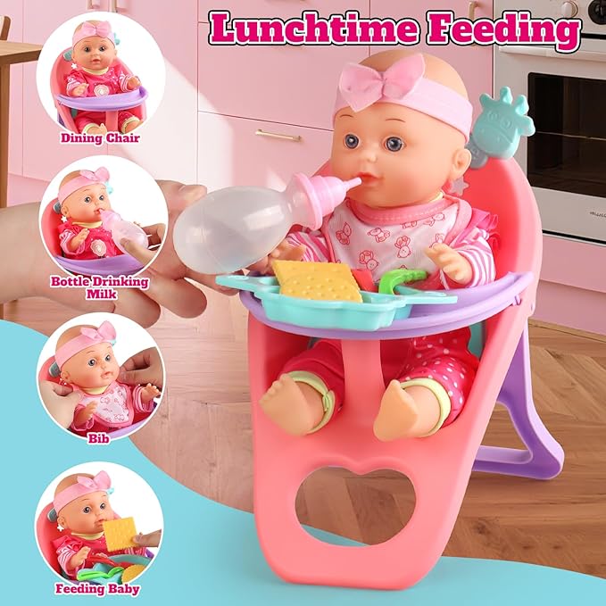 Baby Doll Stroller Set - A 12.5" Baby Doll with Doll Accessories & 2 Sets Clothes, Baby Doll Stroller for Toddlers 3-5, Doll Playset Toy Stroller for Kids, Gifts for Girls 3 4 5 Year Old Girls Toys