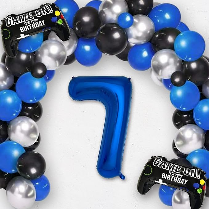 Navy Blue Video Game Party Supplies Boys 7th Birthday Party Decorations- 2 Packs Game On Balloons with Dark Blue Number 7 Balloon