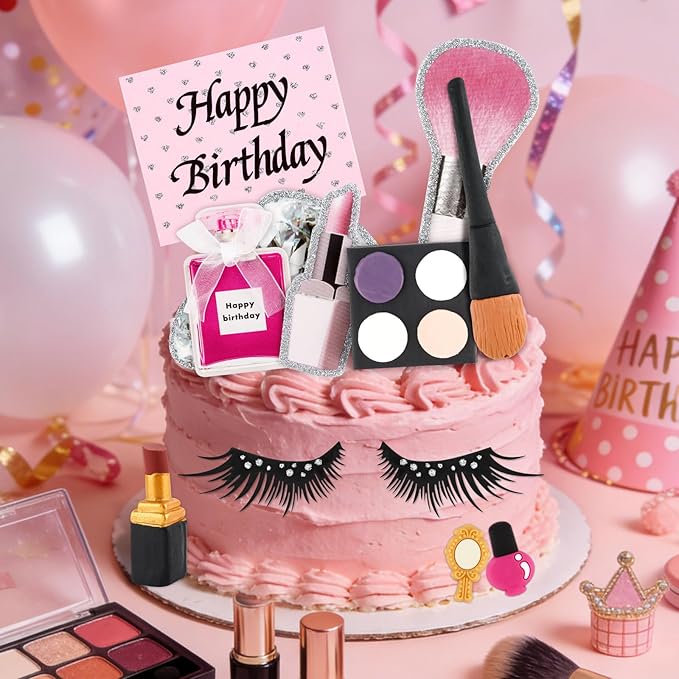Hooqict 12Pcs Makeup Cake Decorations Set with Mini Lipstick, Mirror, Makeup Tools, Spa Birthday Party Cake Toppers & Cupcake Toppers for Girls Women Spa Birthday Party Supplies