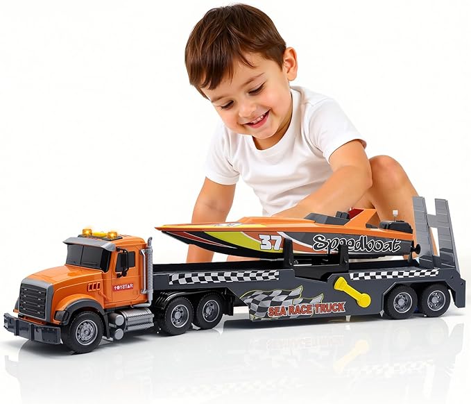 Kids Toys for 3 4 5 6 Years,21" Semi Transport Truck Toy with Speedboat Vehicle Cars, Friction Powered Extra Large Truck Vehicle with Lights & Sounds for Boys Girls Toddlers Christmas Birthday Gifts