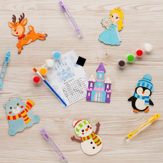 Frozen Party Favors – 12 PCS DIY Winter Wooden Painting Crafts with Bubble Wands - Frozen Birthday Party Supplies, Decorations, Goodie Bag Fillers