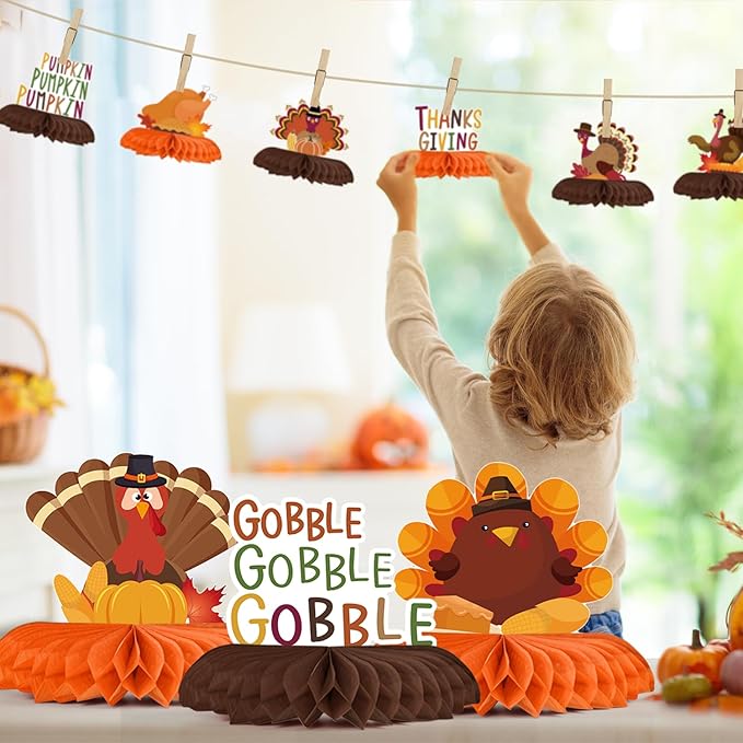 Horaldaily 9PCS Thanksgiving Party Table Decoration Centerpieces, Thanksgiving Autumn Harvest Gobble Turkey Honeycomb Centerpieces Table Toppers for Fall Thanksgiving Themed Birthday Party