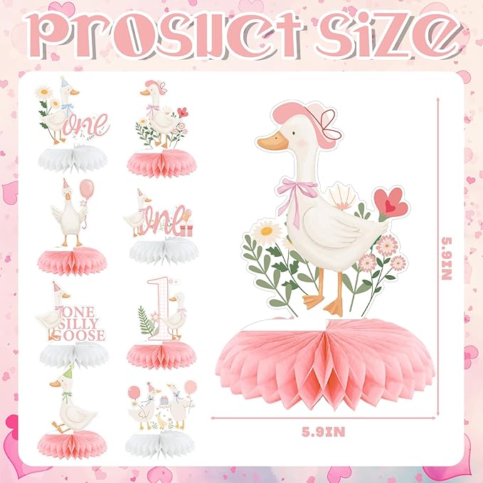 8 Pcs One Silly Goose Birthday Decorations Silly Goose Birthday Honeycomb Centerpieces Pink 1st Party Supplies for Women Pink Bow Duck Funny Party Supplies