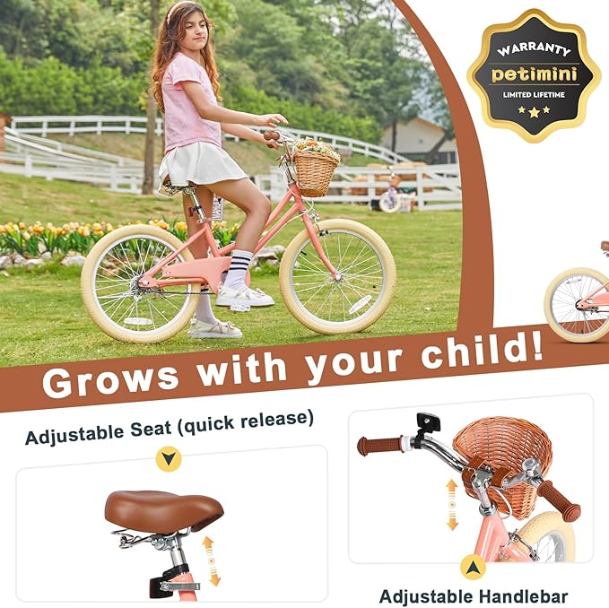 Petimini Vintage Kids Bike for Girls, 12–20 Inch Classic Bicycle with Wicker Basket & Bell, High Tensile Steel Frame, Training Wheels (12–18”), 85% Pre-Assembled, Retro Bike for Outdoor Riding