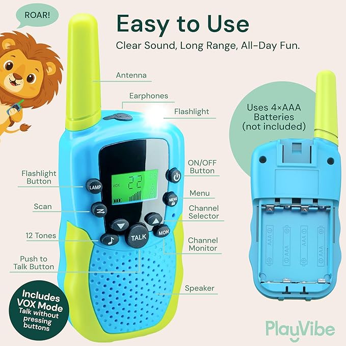 Playvibe Walkie Talkies for Kids 2 Pack - Long Range 2 Way Radio Toy for 3-12 Year Old Boys & Girls, 22 Channels with Flashlight, Outdoor Camping & Hiking Gear, Gender Neutral Christmas Birthday Gifts