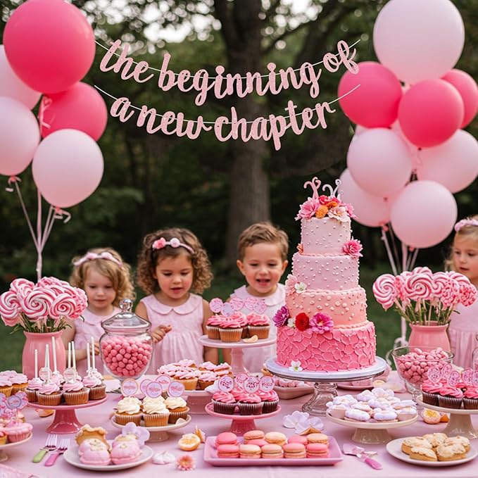 BEISHIDA Glitter Dark Pink The Beginning of A New Chapter Banner,Pre-Strung Farewell Book Themed Housewarming Party Congratulations Decorations,Going away party Garland,Graduation Sign 2026 Banner,retirement Supplies