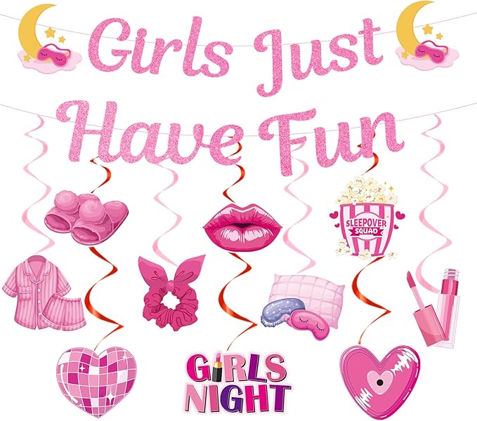 Slumber Party Decorations for Girls - 12 Pcs Spa Pajama Party Decorations for Adults, Sleepover Pink Party Supplies, Girls Just Have Fun Night Decoration