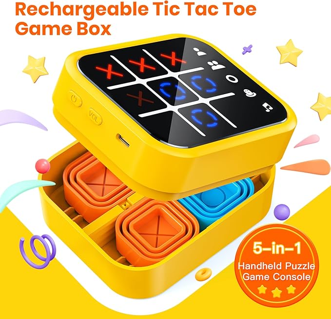 Rechargeable Tic Tac Toe Game Box, Upgraded 5 Fun Brain and Memory Games, Compact Handheld Game Console, Portable Puzzle Travel Game Ideal Gifts for All Ages 3+ (Yellow)