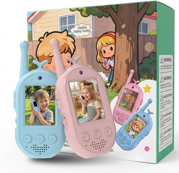 Video Walkie Talkies for Kids, Headband Emoji Function, 4 Voice Changing Switches, Hanging Rope Top-C Charging, Video Walkie Talkies (Blue+Pink, Suitable for Children Over 4 Years Old)
