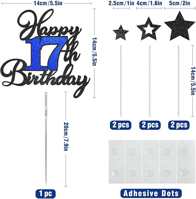 17th Birthday Cake Topper, Black Blue Happy 17th Birthday Cake Toppers for Boy Girl, 17 Years Old Birthday Party Supplies, Glitter Cake Decor, 17th Birthday Cake Decorations