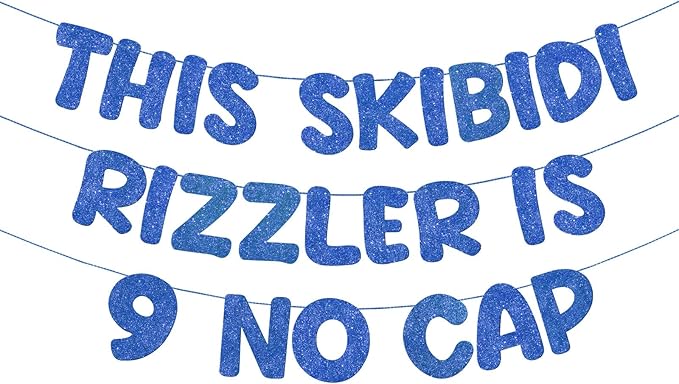 Fulmoon Pre Strung This Skibidi Rizzler Is 9 No Cap Glitter Banner 9th Birthday Party Decorations, Funny Birthday Sign, Party Supplies, Ideas, Gifts, Dark Blue