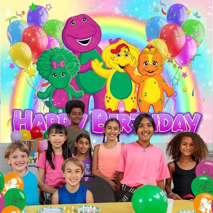 𝓑𝓪𝓻𝓷𝓮𝔂 Birthday Party Decoration, Photo Background 5 x 3 FT, 18 Pcs Balloons, 𝓑𝓪𝓻𝓷𝓮𝔂 Merch Party Backdrop Supplies