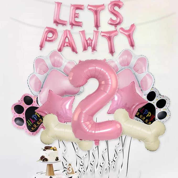 2nd Dog Balloons 18pcs Lets Pawty Balloons Dog Paw Birthday Decor Pink 32 inch Pink Number Balloons 2 Mylar Foil Balloons for Lets Pawty Birthday Decorations Dog 2nd Birthday Party Supplies