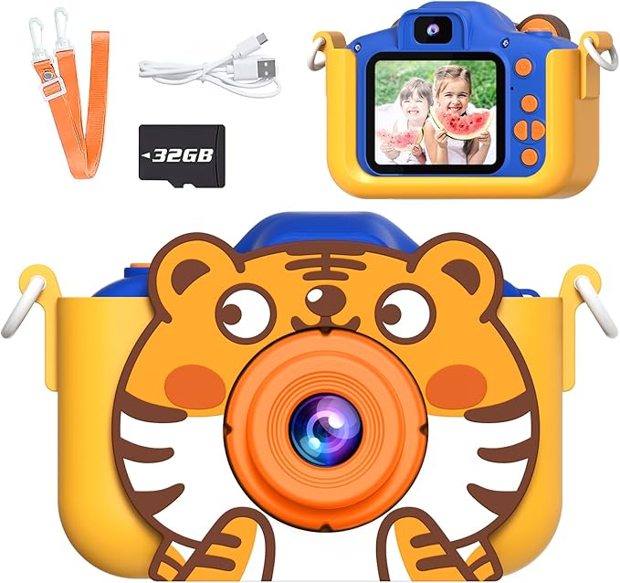 Kids Camera, Toddler Digital Camera, Tiger Dual Cameras, 1080P Video and Dual Cameras, 6 Kinds of Filters with 32GB SD Card, Christmas Birthday Present for 3 + Year Old Girls Boys