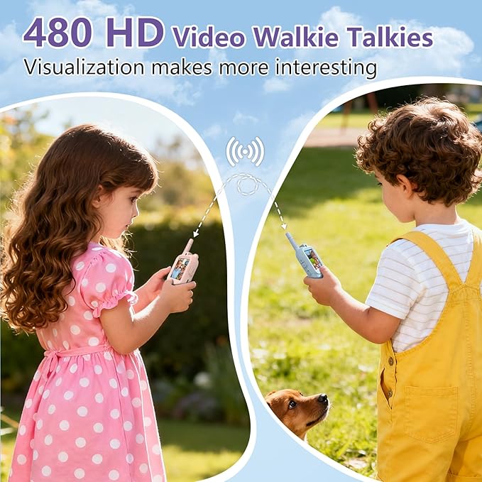 Video Walkie Talkies for Kids, 2 Pack Rechargeable Kids Walkie Talkies, Screen Display and Voice Changer, Indoor Outdoor for Boys and Girls, Age 3-12 (Blue & Pink)