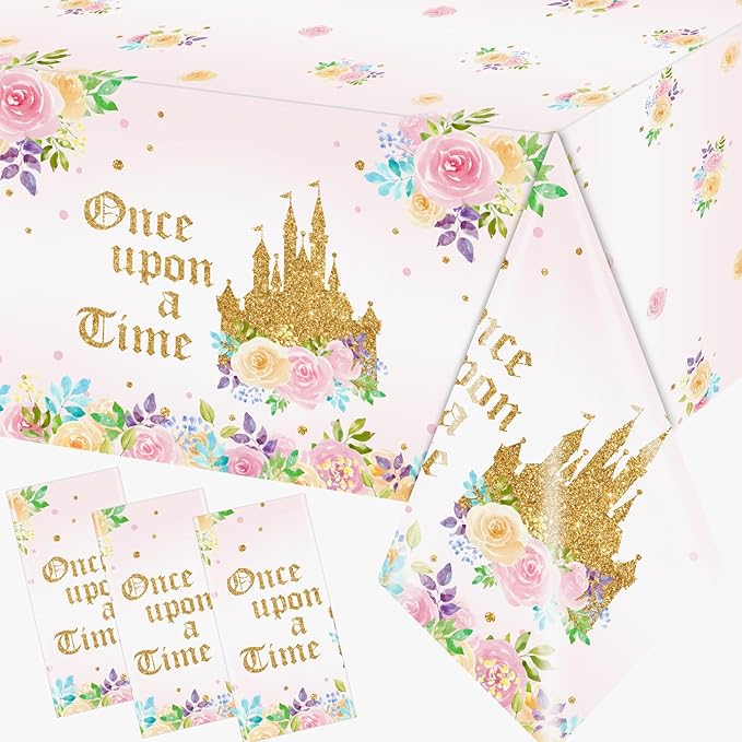 3PCS Princess Birthday Party Tablecloths Decorations, Once Upon a Time Birthday Decorations Plastic Princess Castle Party Floral Table Cover for Girls Baby Shower