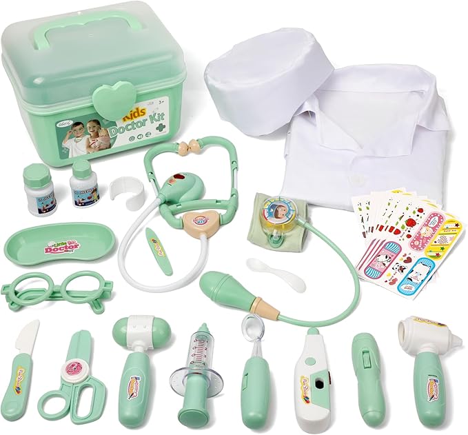 Liberry Doctor Kit for Toddlers 3 4 5 Years Old, 30-Piece Kid Doctor Toy with Stethoscope, Costume, Green Medical Pretend Play, Birthday Gift for Girls Boys