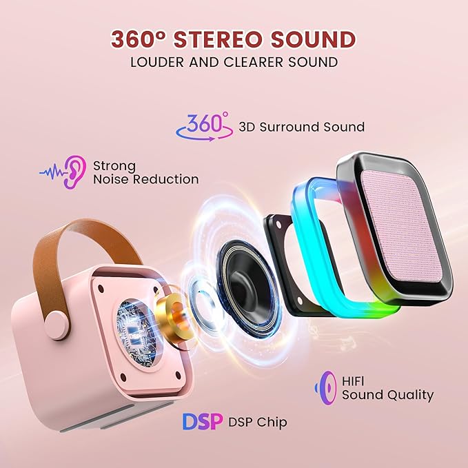 Mini Karaoke Machine for Kids,Portable Bluetooth Speaker with 2 Wireless Microphones,Toddler Music Player Toys,Easter Birthday Gifts for 3,4,5,6,7,8,9,10,11,12+Years Old Girls Boys (Pink)