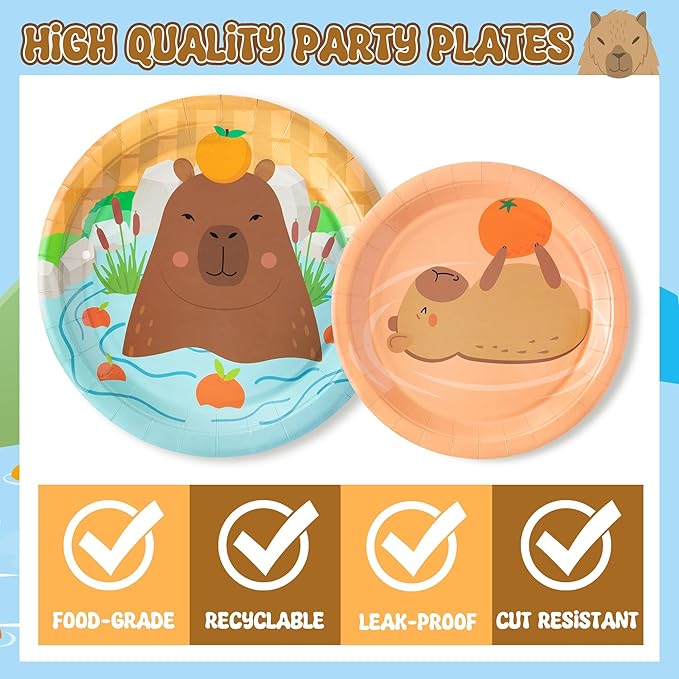 96Pcs Capybara Cute Cartoon Animal Orange Party Plates Supplies Tableware Decorations Disposable Paper Plates Napkins Forks for Kids Birthday Baby Shower, Serves 24