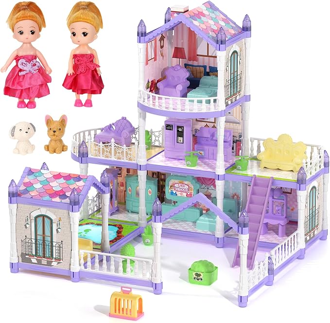Princess Dollhouse Set, Lilac Purple Doll House with 9 Rooms on 3 Floors Includes 2 Dolls 2 Pets 12 Pieces of Furniture and Other Accessories, Prefect Gift for Girls Dreamy Dollhouse
