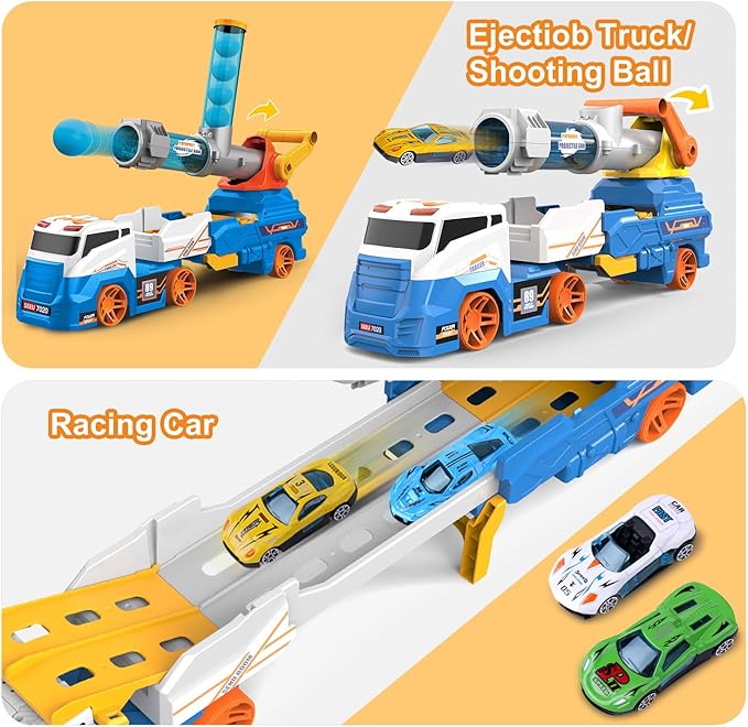Dwi Dowellin Truck Toys Kids Toys, 28"Carrie Truck Race Track Car Toys Include 4 Race Cars+6 Soft Balls, Light&Sound, Eejection&Shooting Transport Trucks Toy, Xmas Gifts for Toddlers 3+ Year Old-Blue