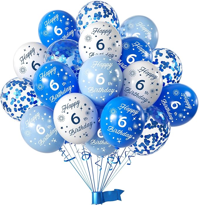 Blue 6th Birthday Balloons for Boys Girls 6th Birthday Party Decorations, 12inch 16pcs Blue White Happy 6th Birthday Balloons, Party Balloons Confetti Balloons for Boys Girls Theme Party Deocorations