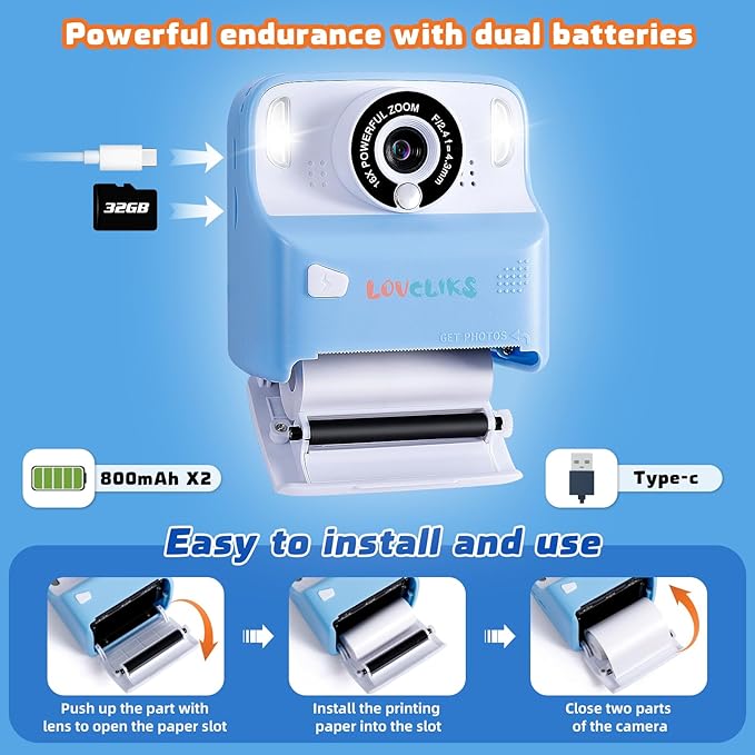 Kids Camera Instant Print with 1080P HD | Children's Digital Camera with 2 Printing Modes | Video Recorder, Timer Delay, for 3-12 Year Old Boys Girls Birthday Christmas with 32GB SD Card