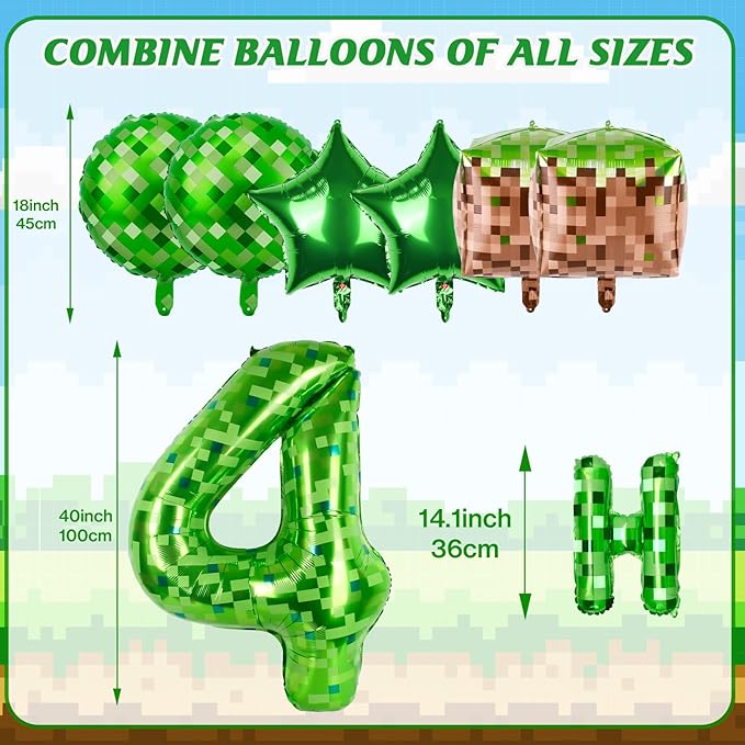Green Pixel Themed Happy Birthday Banner Party Decorations Set Including 40 Inch Number 4 Foil Balloons, Themed Party Essentials, TNT Pixel Backdrop Supplies for Boys Indoor Outdoor Celebration