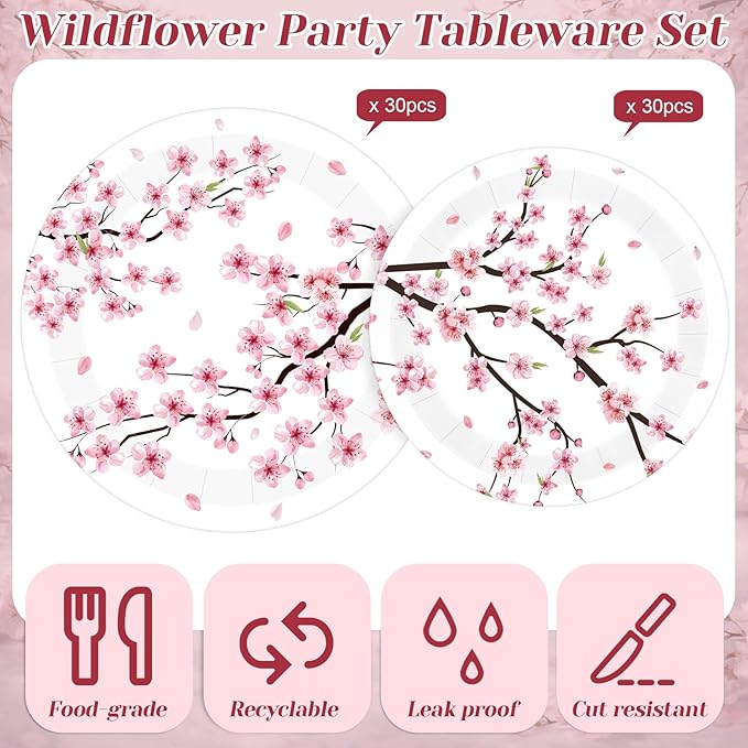 60 Pcs Cherry Blossom Paper Plates 9 in and 7 in Watercolor Pink Floral Party Decorations Plates Disposable Dinner Tableware for Bridal Shower Wedding Tea Summer Birthday Supplies