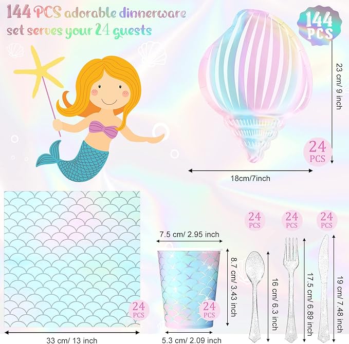 144 Pcs Mermaid Party Supplies Tableware Mermaids Themed Decorations Under the Sea Party Dinnerware Set Includes Plates Napkins Cups Spoons Fork Knives for Baby Shower Birthday Party(Elegant Style)