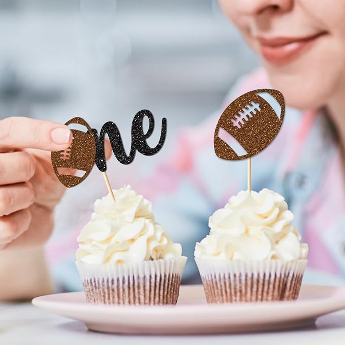 24PC Football 1st Birthday Cupcake Toppers for Baby Boy,Glitter Sports Football One Cupcake Toppers for First Down Birthday Party Decorations Supplies