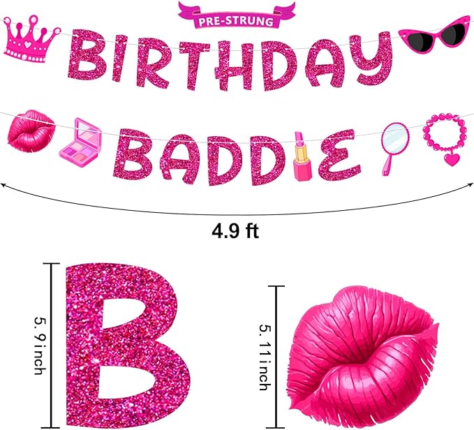 Pre-Strung Hot Pink Birthday Baddie Decorations, NO DIY Glitter Birthday Baddie Banner, Funny Brithday Party Supplies for Women and Girls