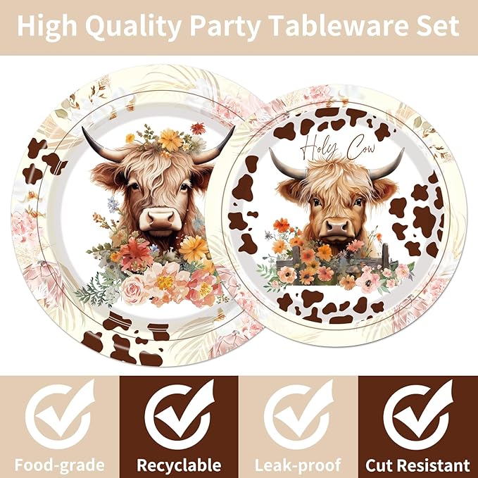 Highland Cow Party Supplies Tableware - 96 Pcs Brown Cow Tableware Disposable Plates Napkins Forks Sets for 24 Guests, Highland Cow Party Decorations Animal Party Favor for Baby Shower Kids Birthday
