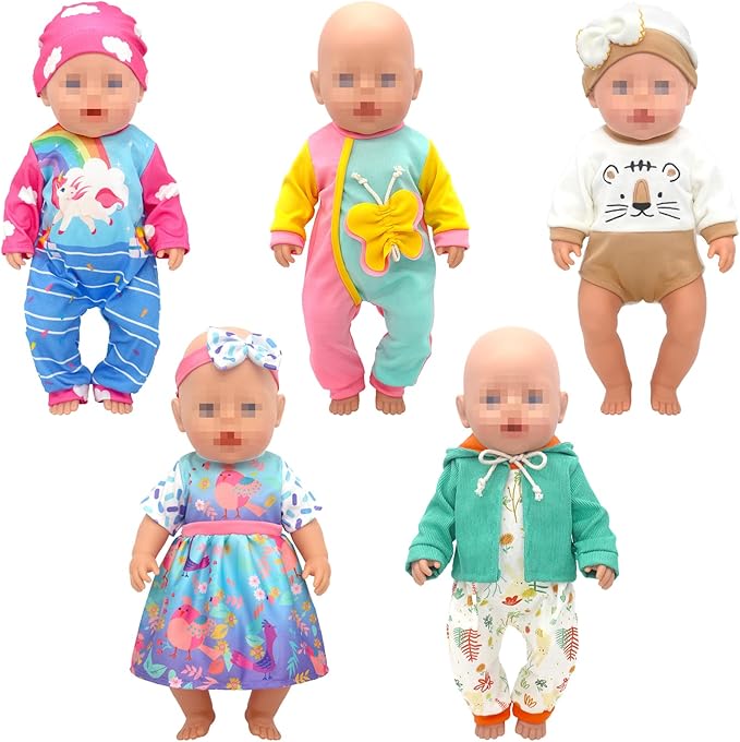 SOTOGO 5 Sets Doll Clothes Outfits Jumpsuits with Hats for 14 to 17 Inch New Born Dolls, American 18 Inch Dolls Clothes and Accessories