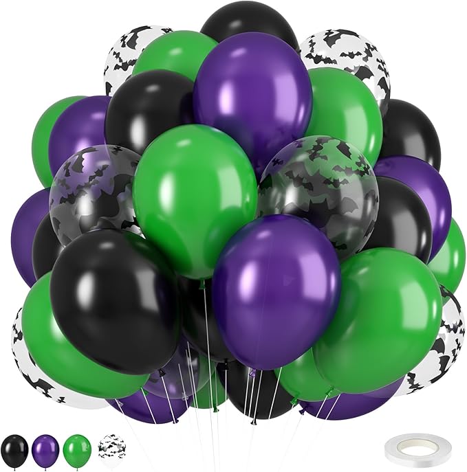 Halloween Balloons,12 Inch Halloween Green Black Purple Balloon, Bat Printed Latex Ballons for Halloweenday BOO Party Decorations,Birthday,Baby Shower Supply