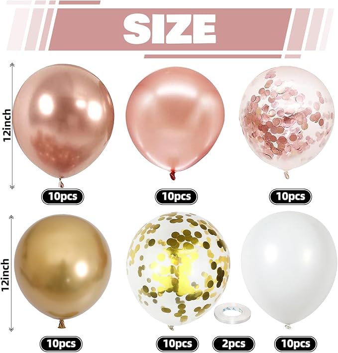 Rose Gold Confetti Balloons, 60 Packs 12 inch Metallic Rose Gold and Chrome Gold Party Balloon with Ribbon for Girls Women Birthday Wedding Anniversary Bridal Baby Shower Decoration