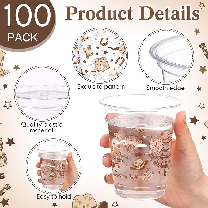100 Pcs Western Plastic Cups 12 oz Clear Disposable Plastic Cowboy Cowgirl Drinking Cups Bulk for Boho Preppy Baby Shower Birthday Wild West Party Decoration Supplies(Western Cowboy,Brown)